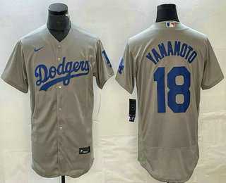 Mens Los Angeles Dodgers #18 Yoshinobu Yamamoto Gray Stitched Flex Base Nike Jersey->los angeles dodgers->MLB Jersey